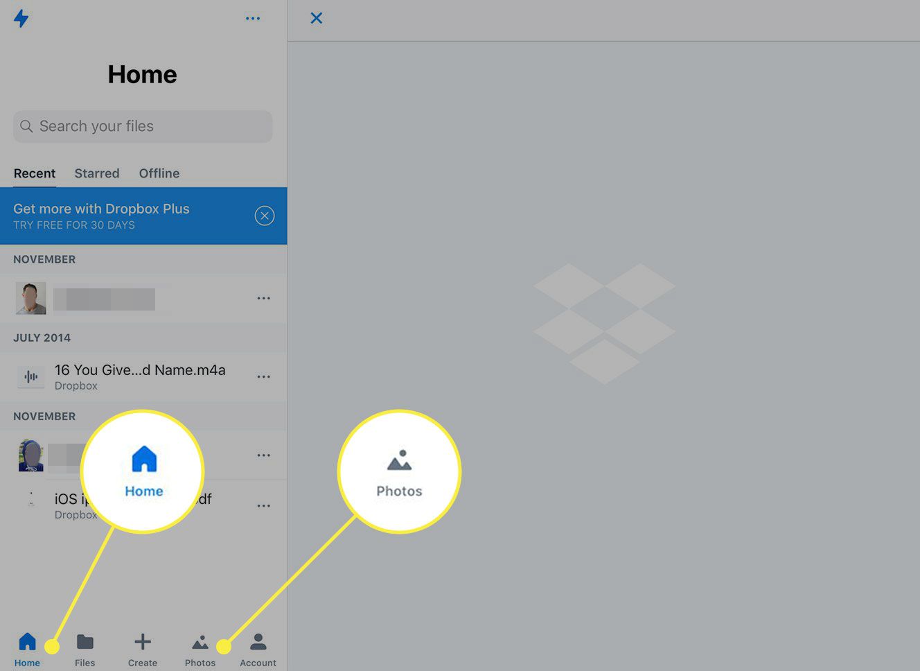 Snímek obrazovky aplikace Dropbox pro iPad se zvýrazněnými kartami Domů a Fotky