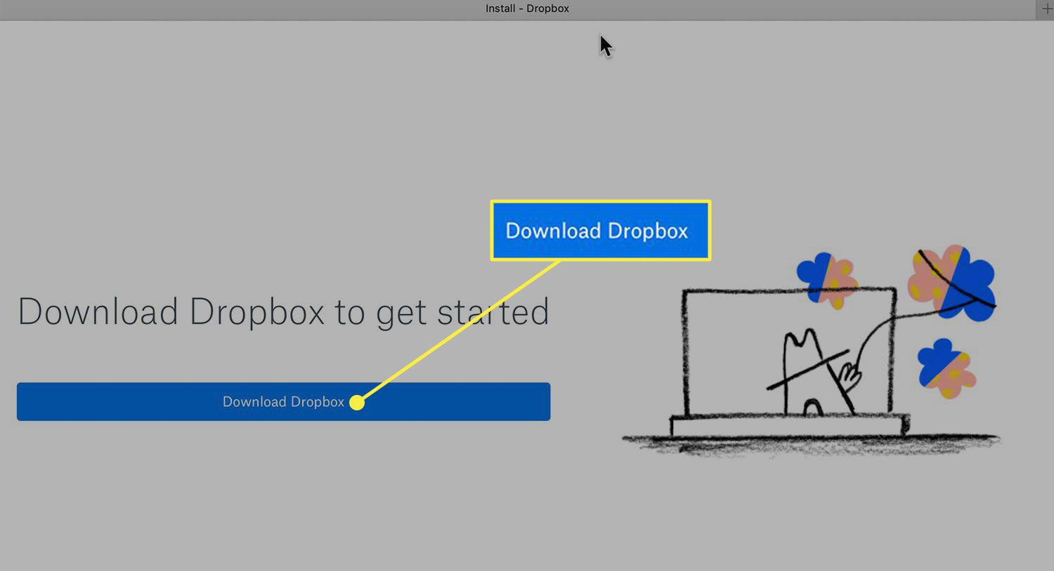 Screenshot obrazovky instalace Dropboxu se zvýrazněným tlačítkem Stáhnout Dropbox