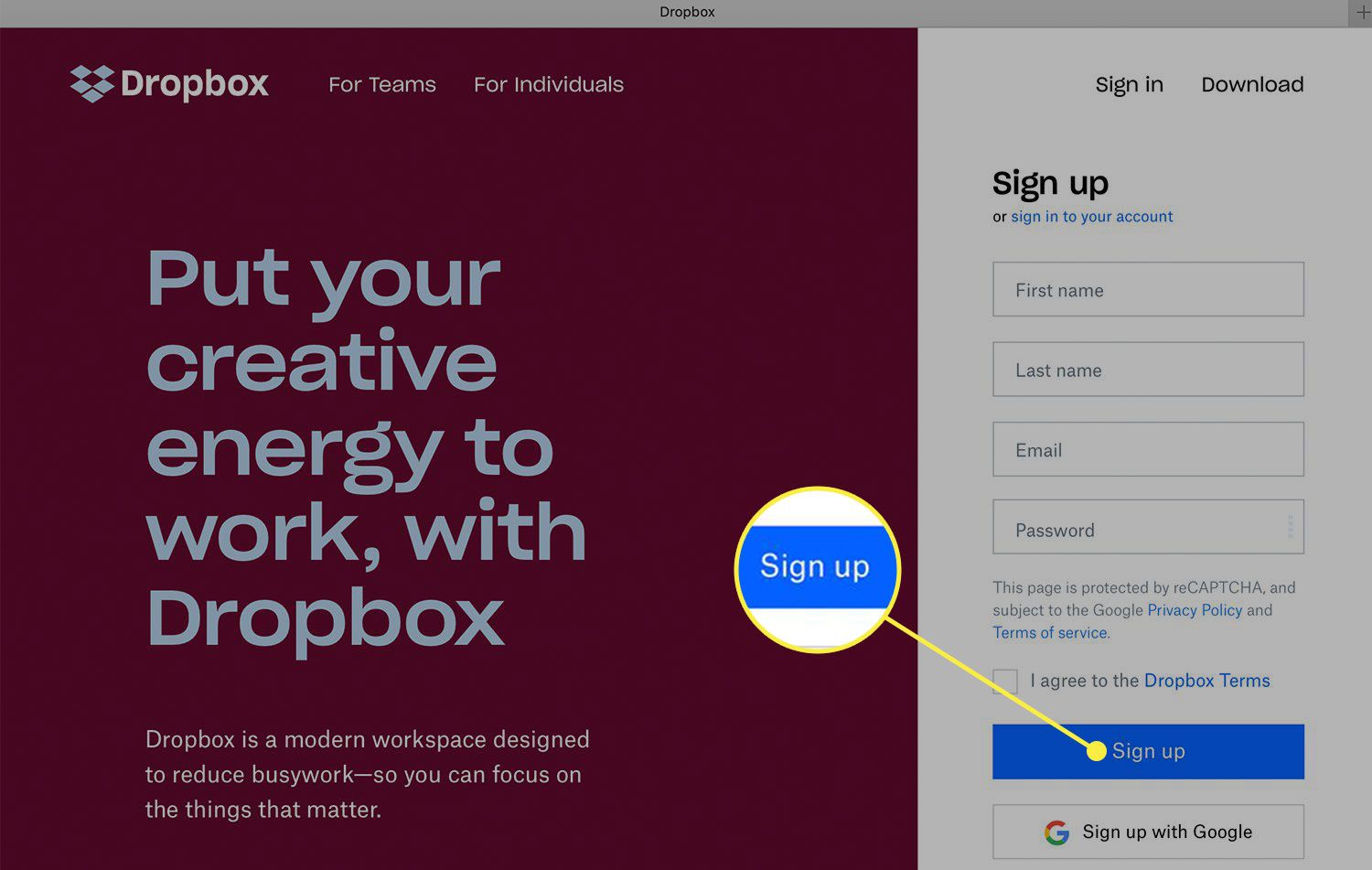 Screenshot obrazovky registrace Dropboxu se zvýrazněným tlačítkem Přihlásit se