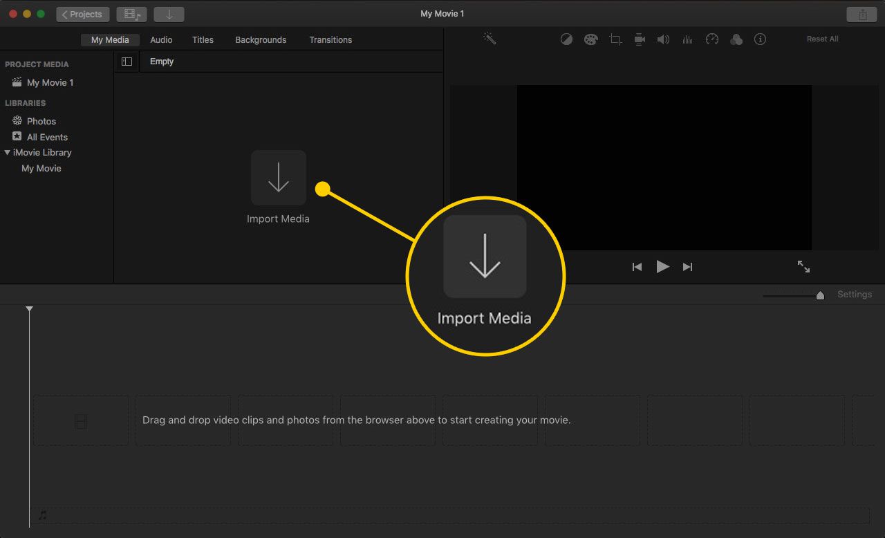 Tlačítko Importovat média v iMovie 10