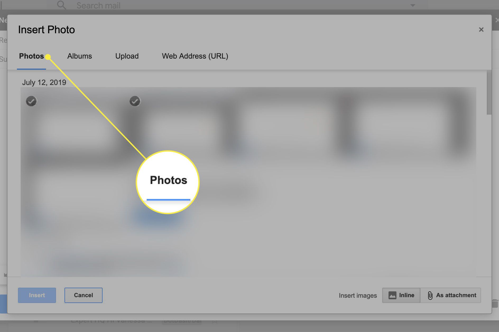 Snímek obrazovky obrazovky Vložit fotografii v Gmailu se zvýrazněnou kartou Fotografie