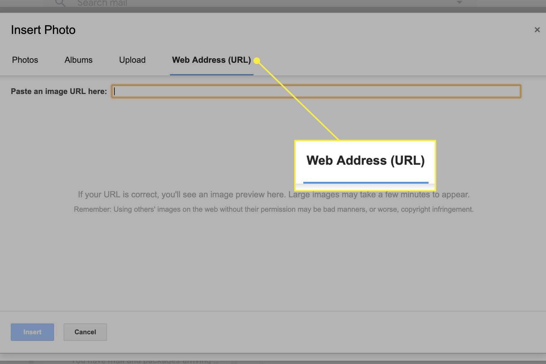 Snímek obrazovky obrazovky Vložit fotografii v Gmailu se zvýrazněnou kartou Webová adresa