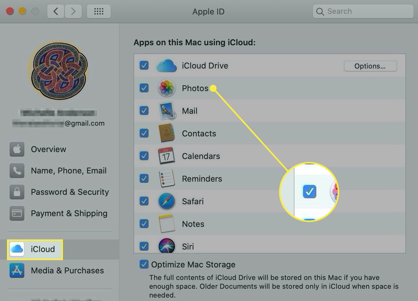 Nastavení Apple ID v macOS se zvýrazněnou hlavičkou iCloud a Photos