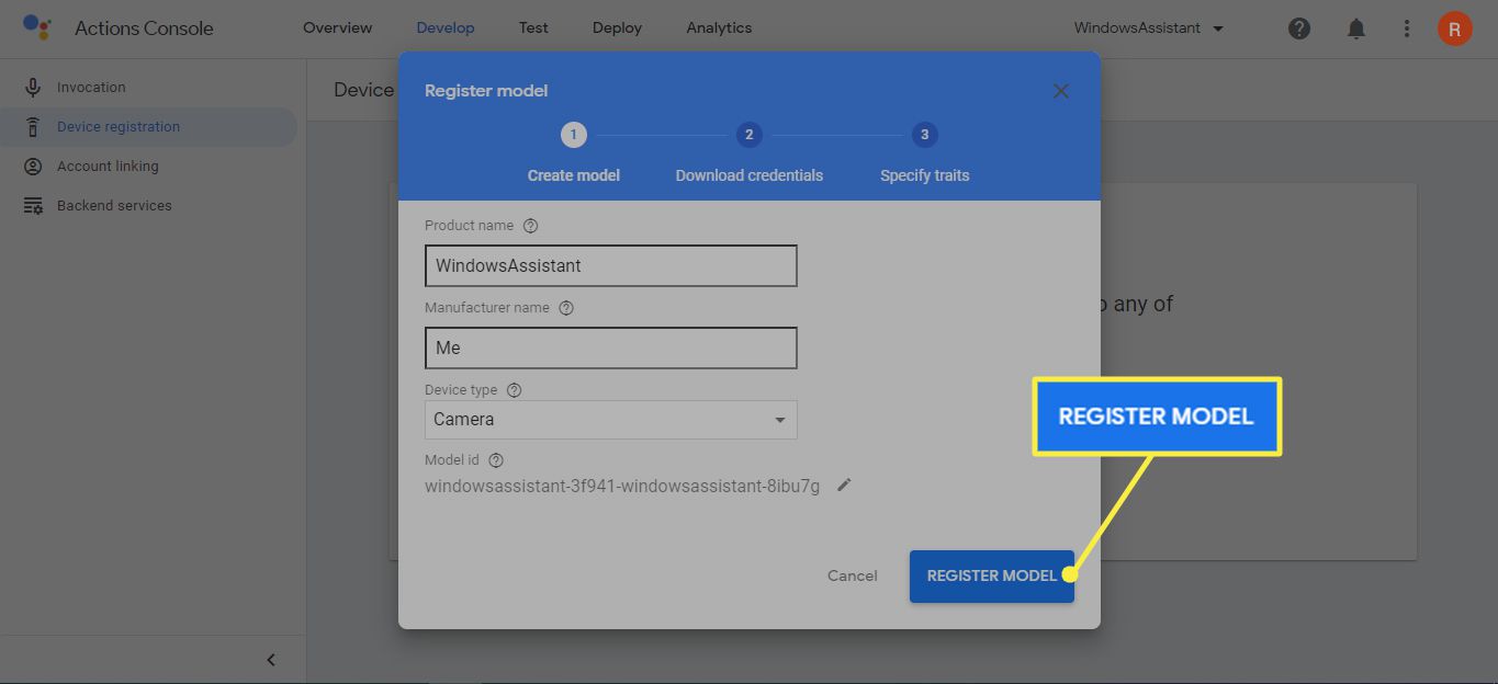 Zaregistrujte model v konzole Google Actions Console