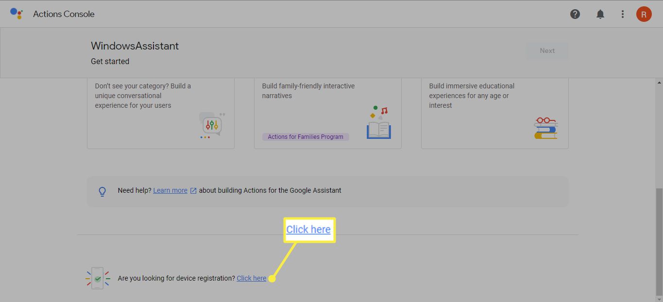 Klikněte sem vedle položky Hledáte registraci zařízení v konzole Google Actions Console