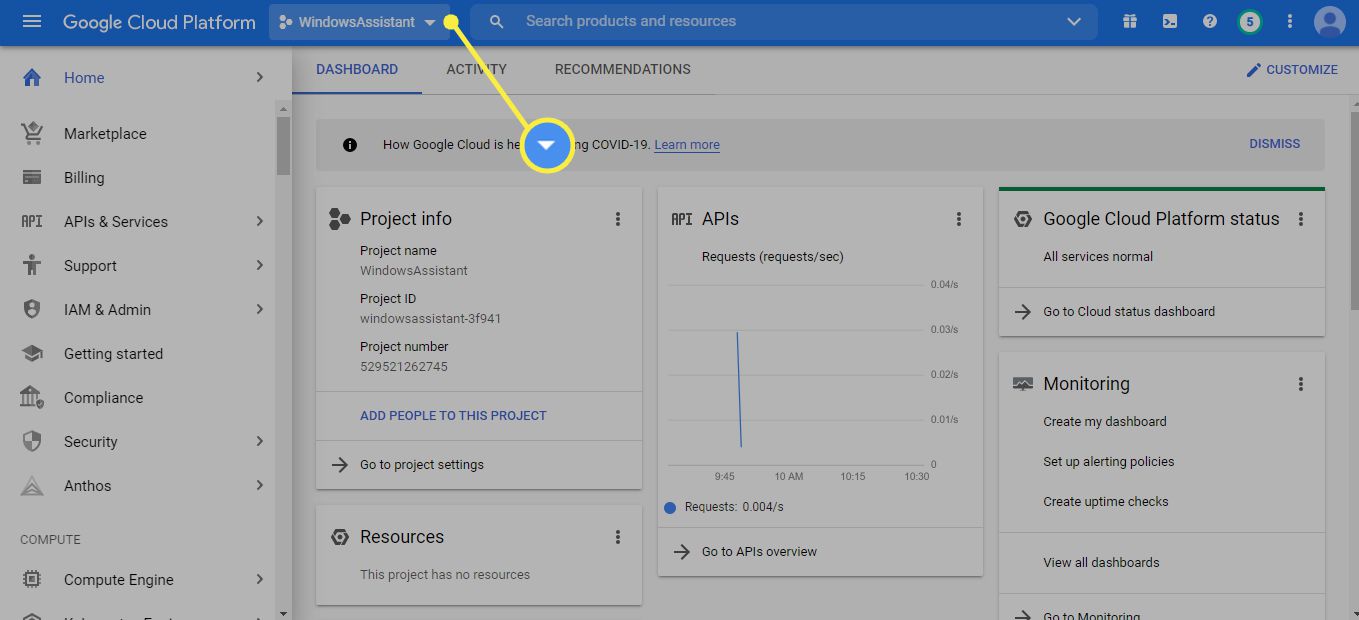 Vyberte šipku rozevíracího seznamu Projekt v Google Cloud Console