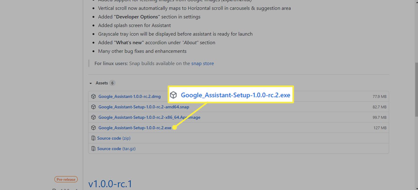 Soubor Google_Assistant-Setup-1.0.0-rc.2.exe na stránce Neoficiální stahování Google Assistant