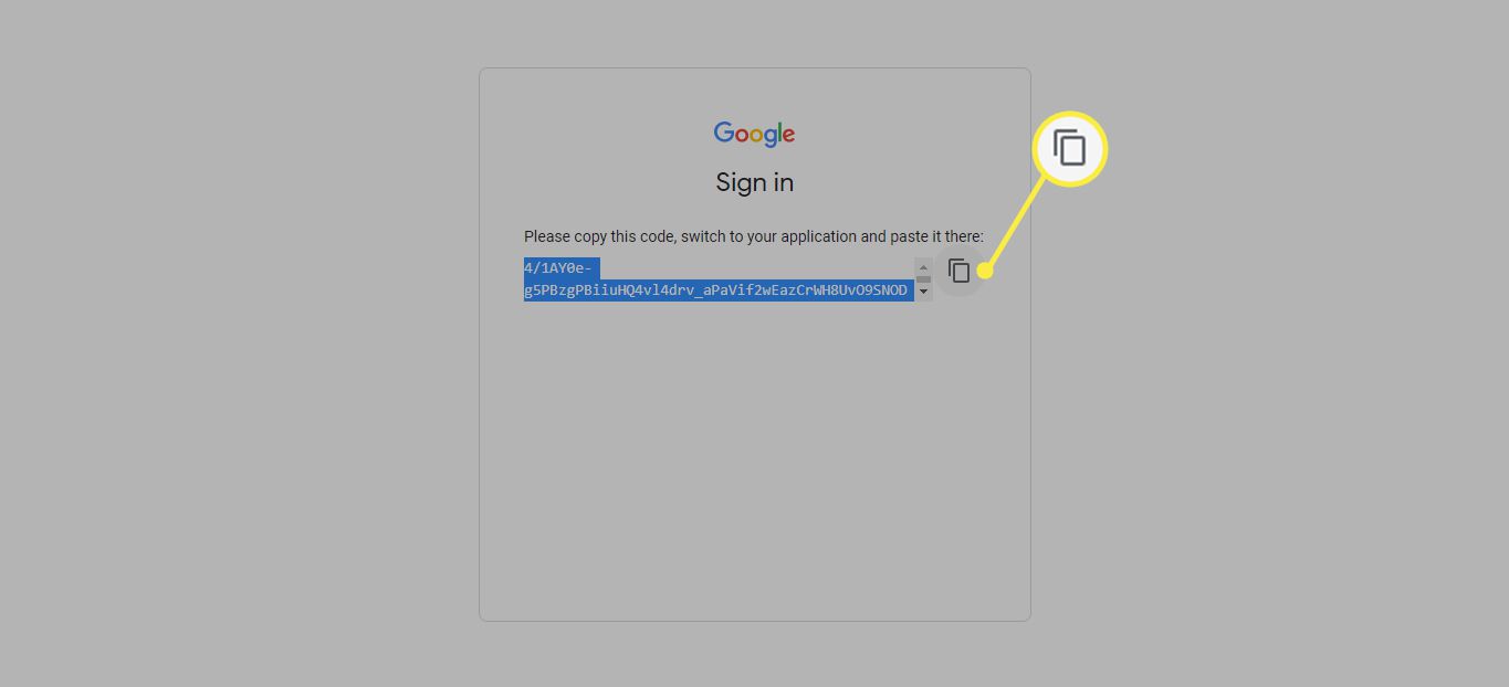 Ikona kopírování vedle adresy URL tokenu při ověřování aplikace Google