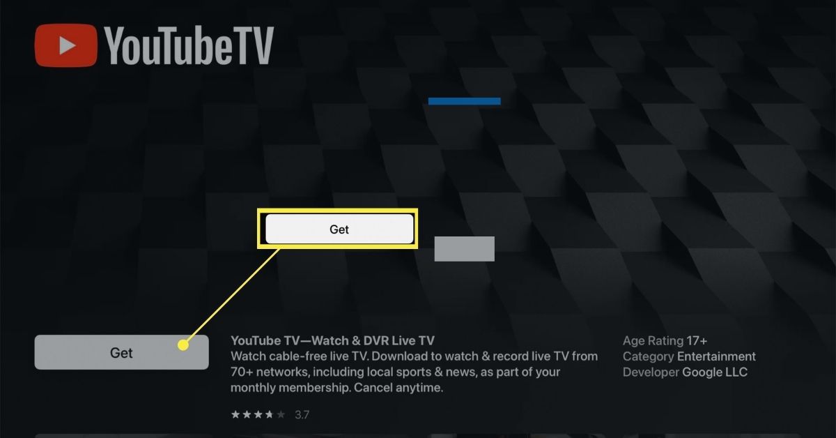 Tlačítko Stáhnout při stahování aplikace YouTube TV