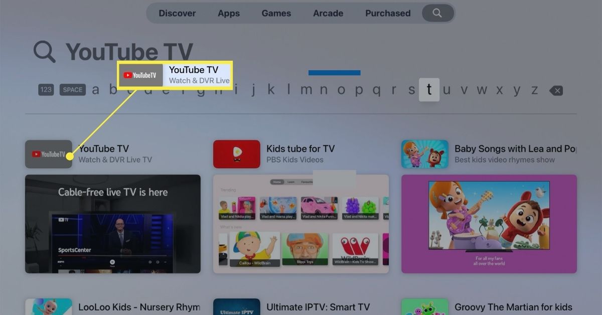 App Store Apple TV zobrazující aplikaci YouTube TV ve výsledcích vyhledávání