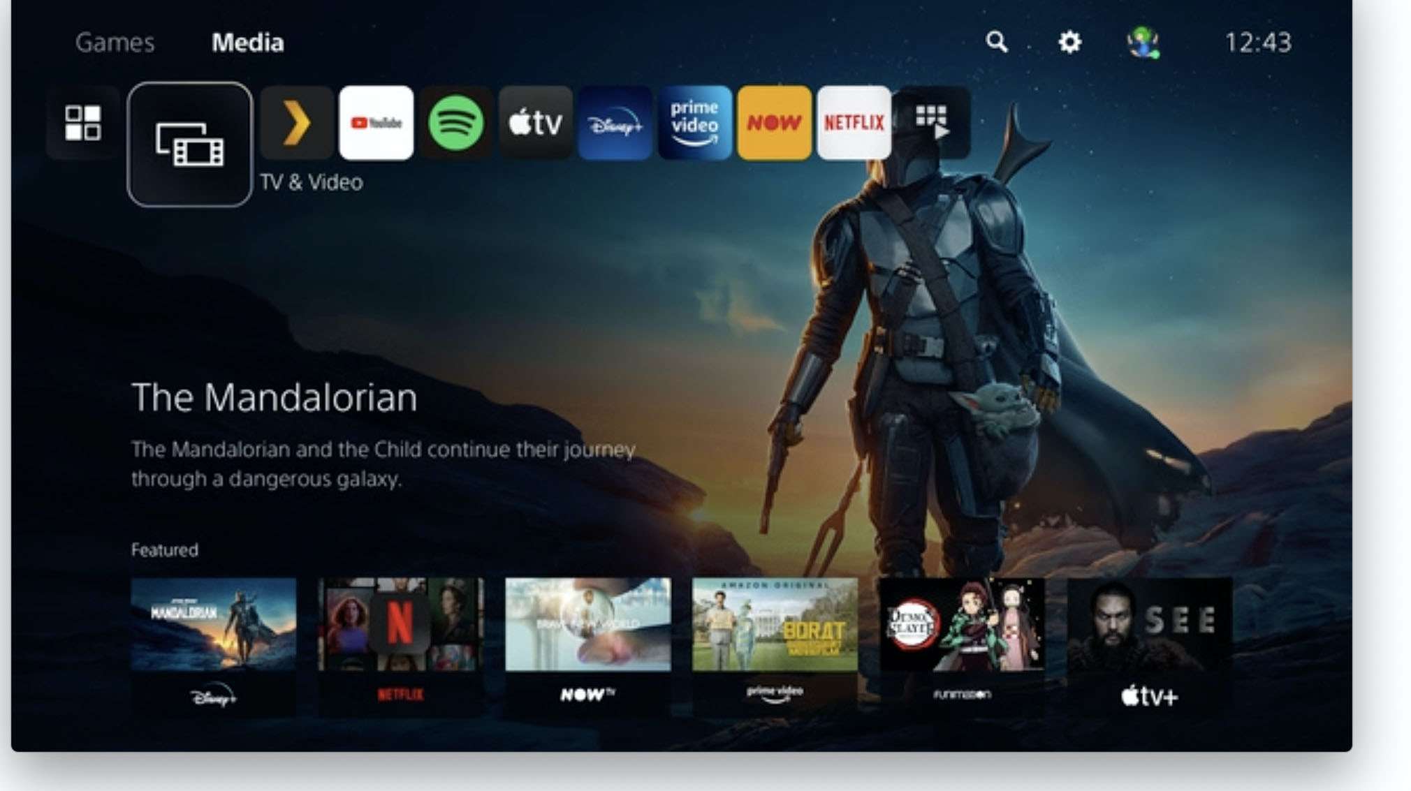 Obrazovka PlayStation 5 Media zobrazující The Mandalorian