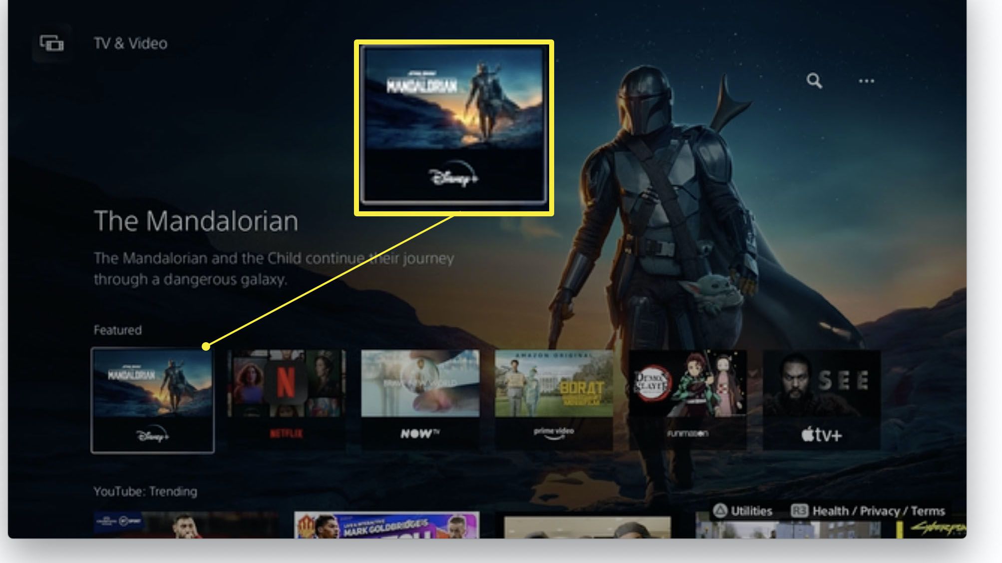 Obrazovka PlayStation 5 Media se zvýrazněným Mandalorianem