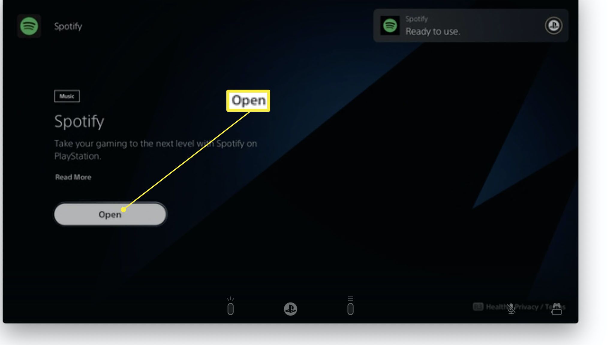Nově stažená aplikace Playstation 5 Spotify a zvýrazněné tlačítko Otevřít