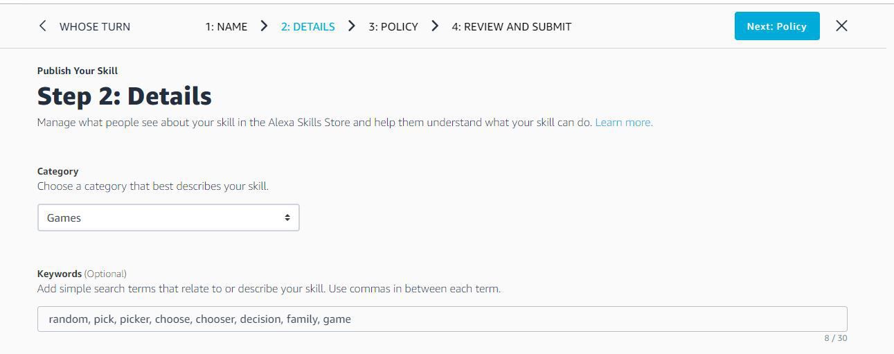 Screenshot z polí Kategorie a Klíčová slova pro přidání dovednosti do obchodu Alexa Skills Store.