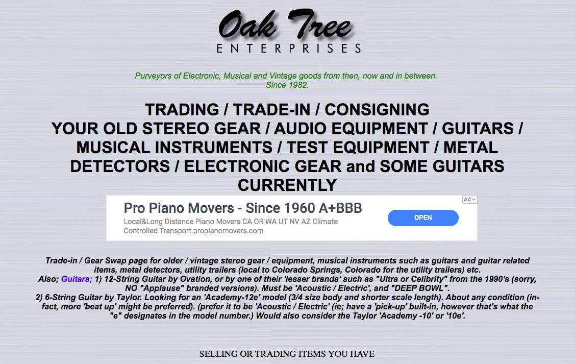 Screenshot online prodeje stereofonního prodeje Oak Tree Enterprises