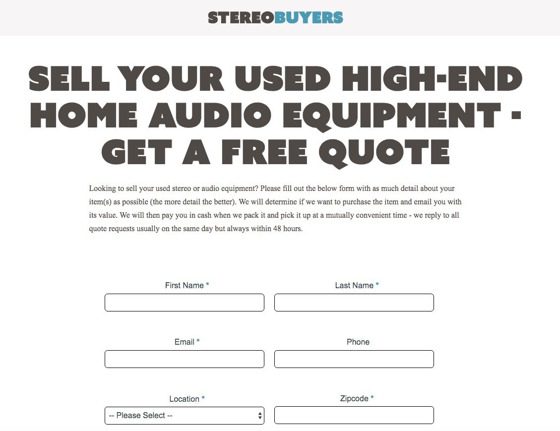 Screenshot webové stránky StereoBuyers pro prodej použitého stereofonního zařízení