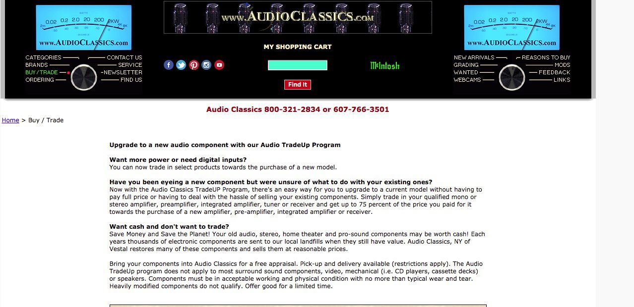 Screenshot z online webu Audio Classics pro použité stereofonní prodeje