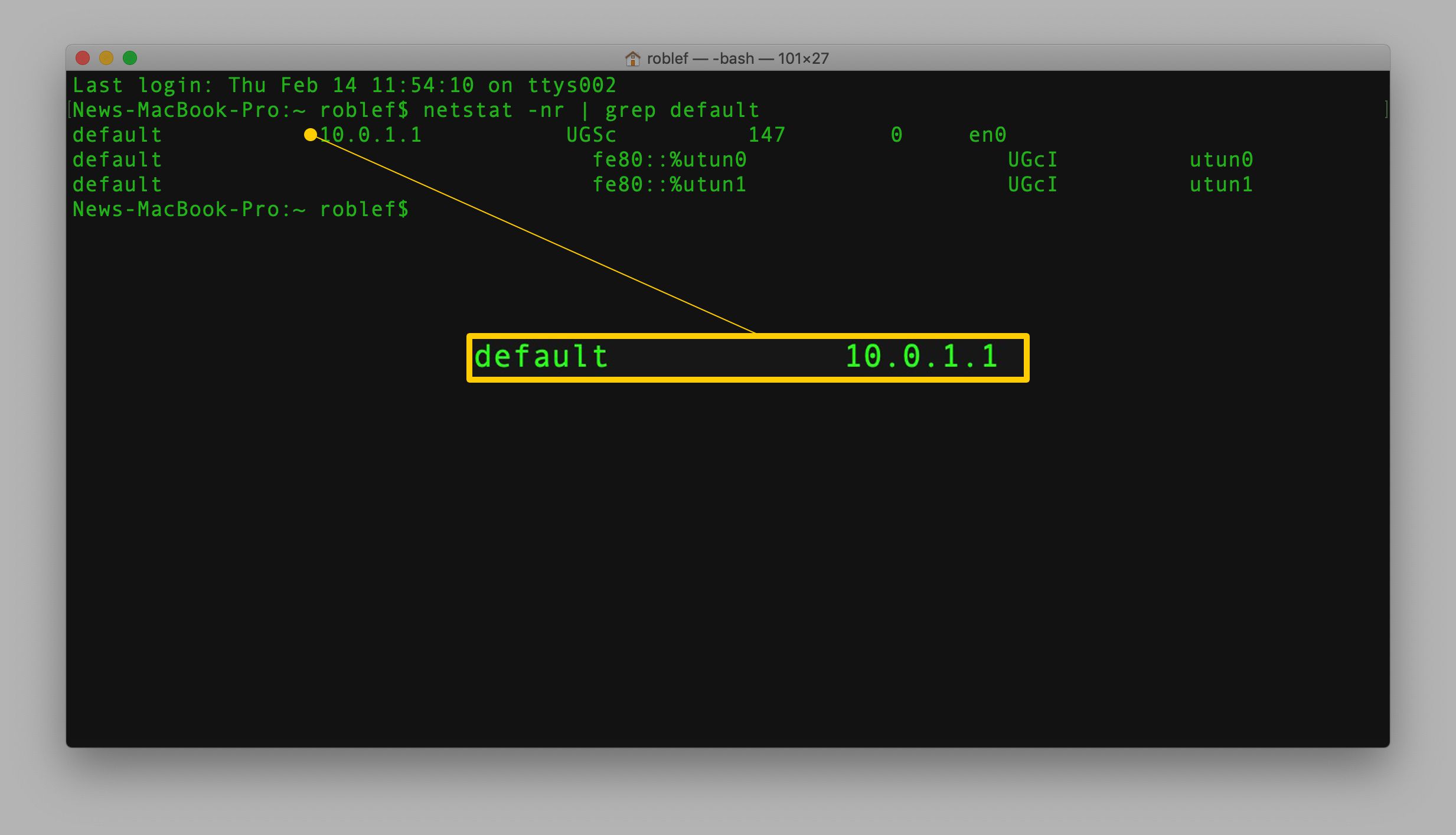 Příkaz netstat v terminálu v systému macOS s výchozím výsledkem