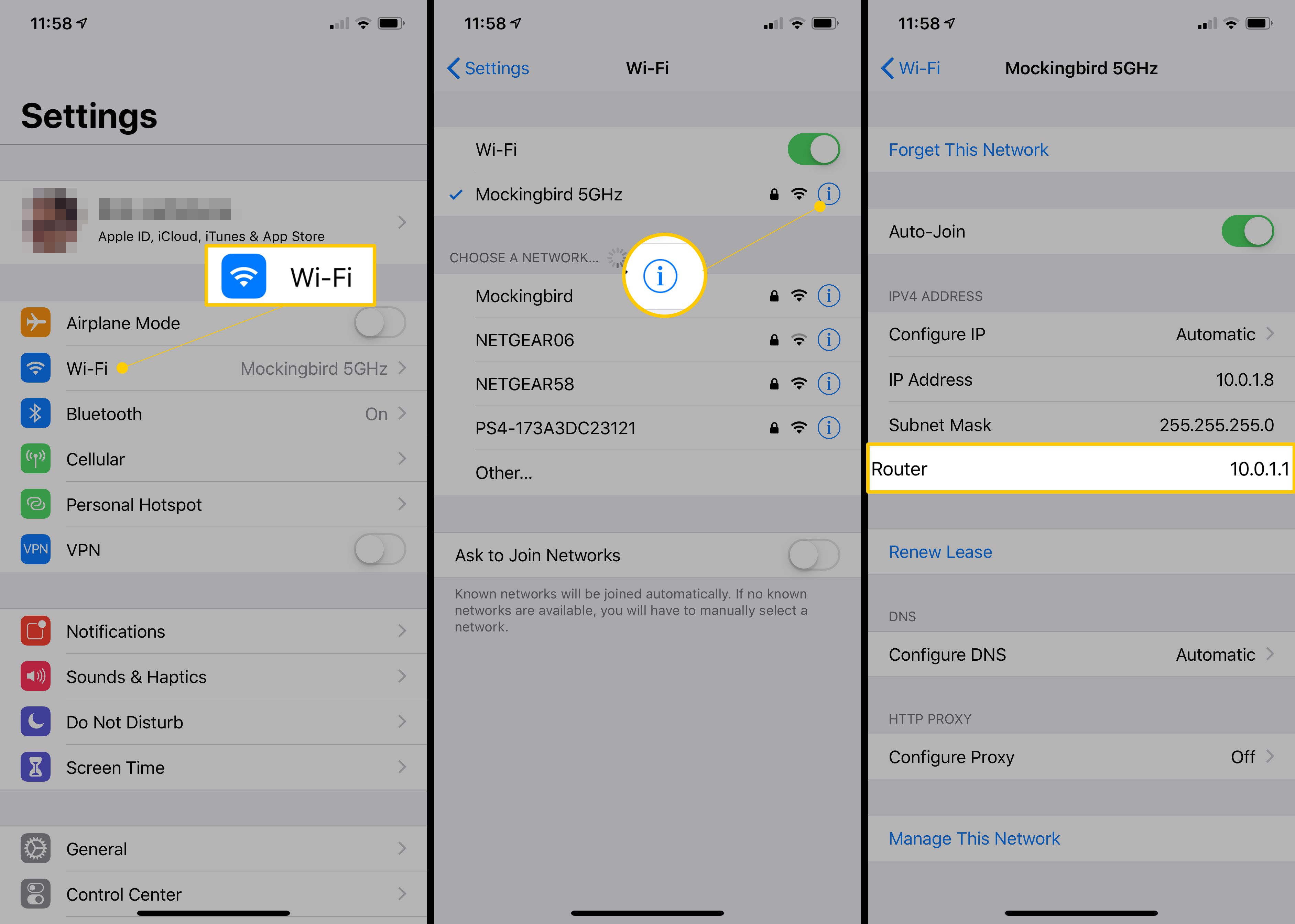 Informační obrazovky Wi-Fi, Info a Router v Nastavení iOS