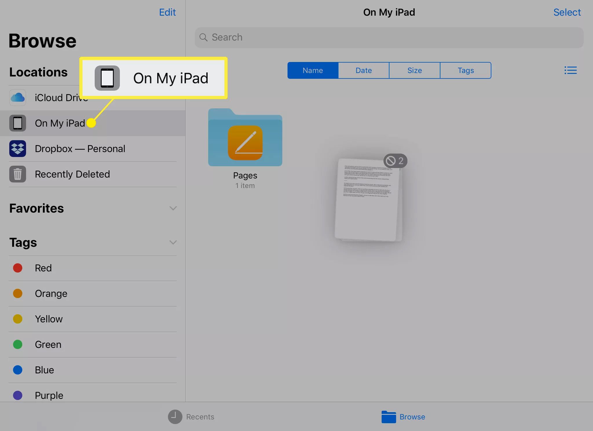 Cíl souboru v aplikaci Soubory pro iOS a iPadOS