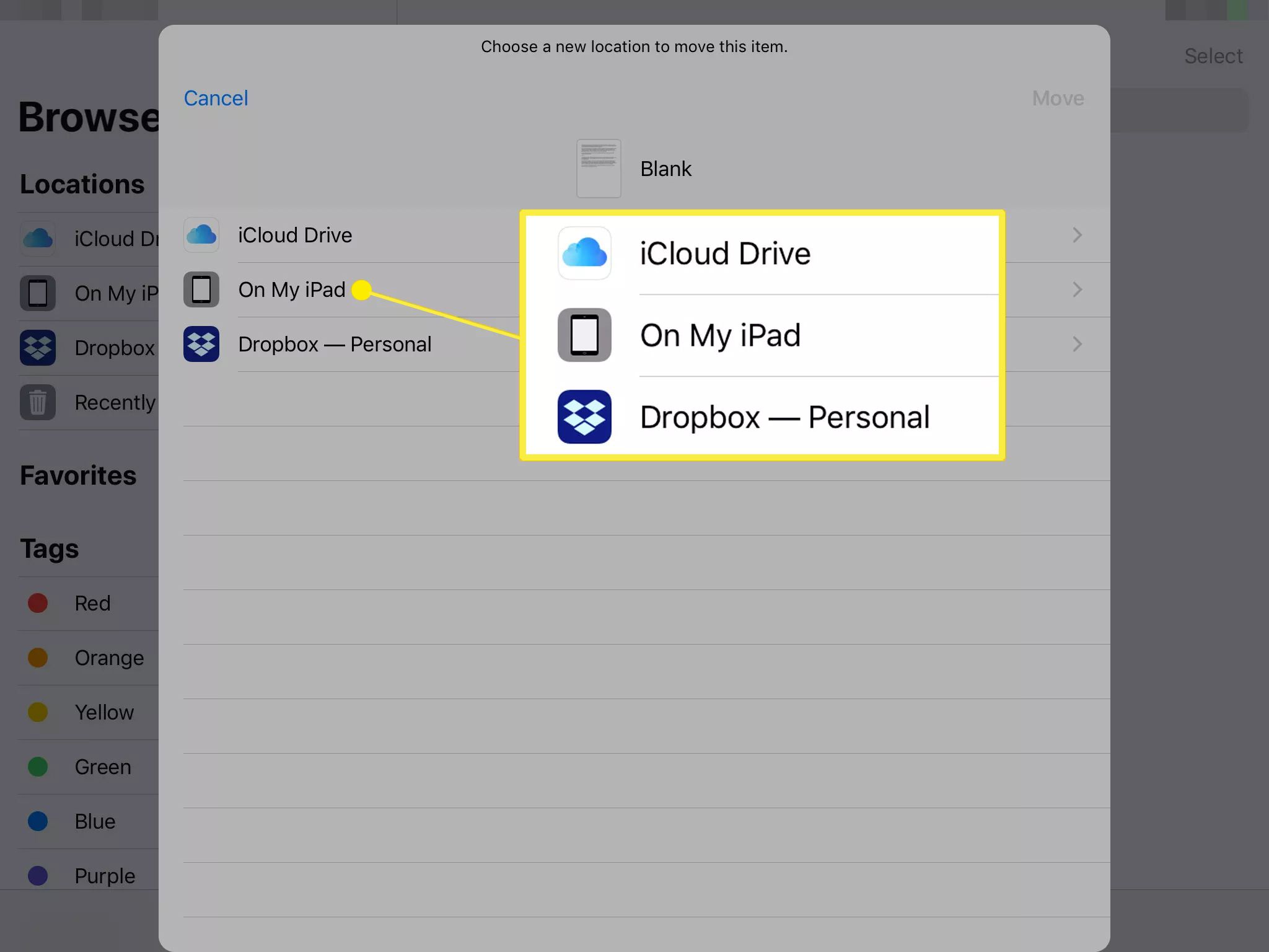 Možnosti cíle v aplikaci Soubory pro iOS a iPadOS