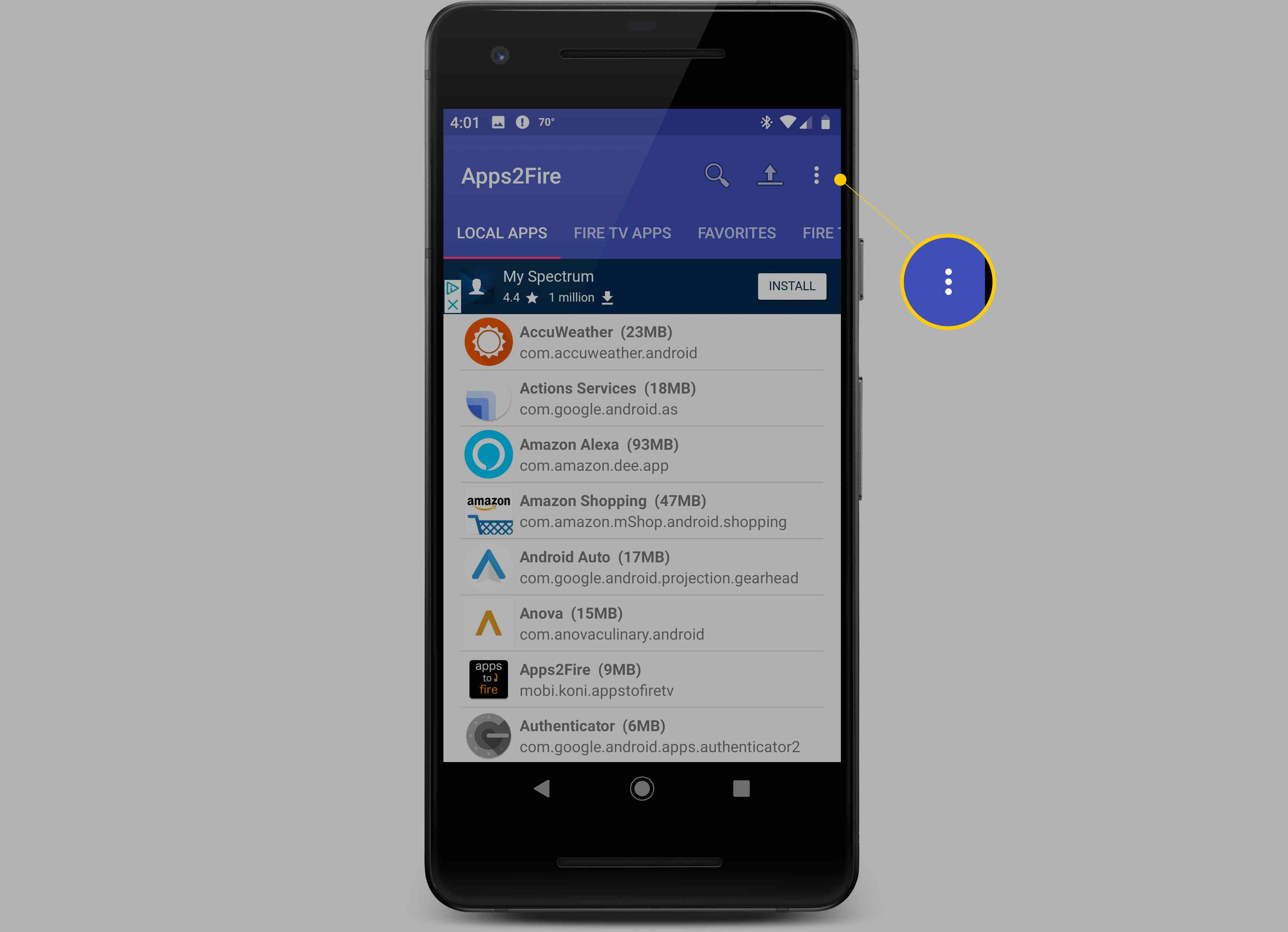 Nabídka 3 vodorovných teček v aplikaci Apps2Fire pro Android
