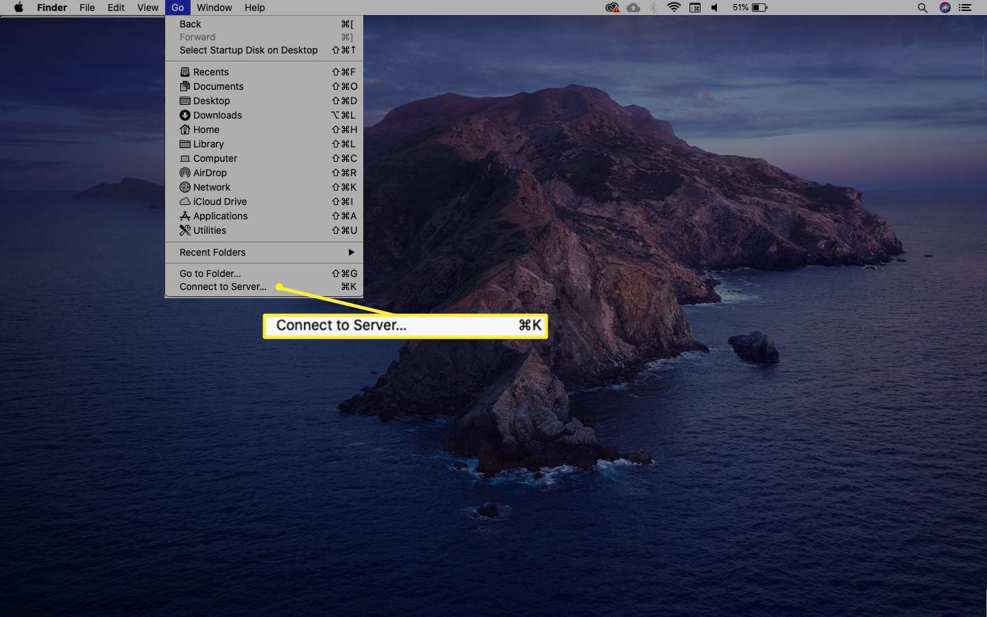 Připojte se k serveru zvýrazněnému z Go v nabídce Finder na Macu