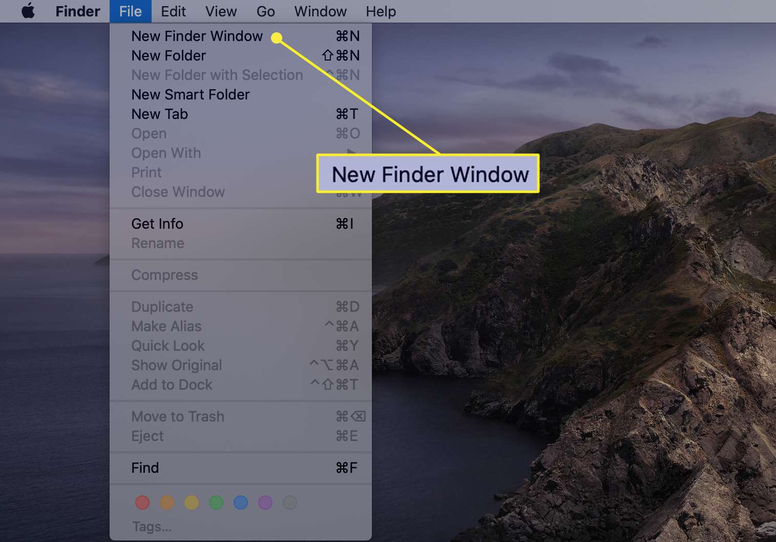 Možnost nového okna Finderu z nabídky Finder na počítačích Mac