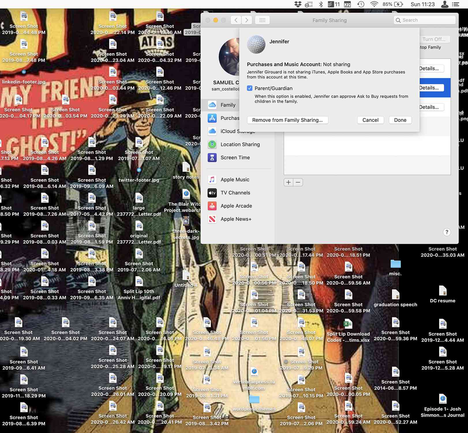 Screenshot z možností Mac pro odebrání z Rodinného sdílení
