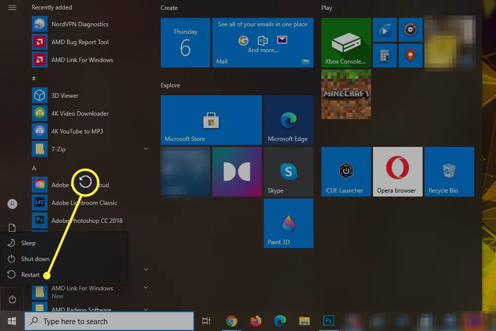 Nabídka napájení systému Windows 10 se zvýrazněnou možností Restartovat