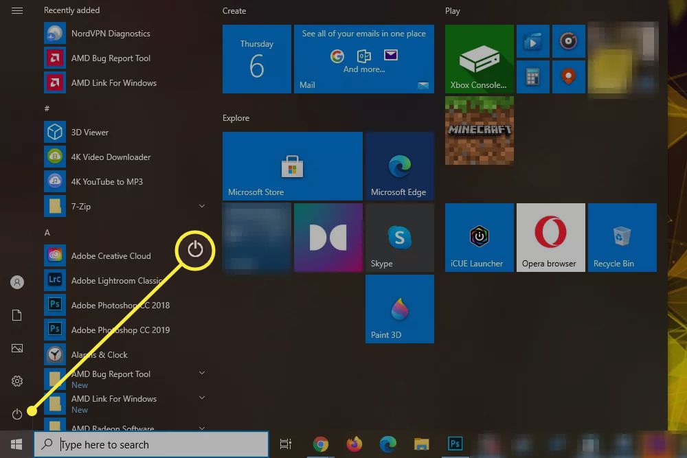 Otevře se nabídka Start systému Windows 10 se zvýrazněnou ikonou napájení