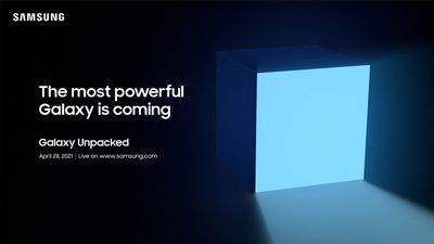 Oficiální obrázek pro Galaxy Unpacked v dubnu 2021, který ukazuje velkou modrou krabičku, která svítí na jedné straně.