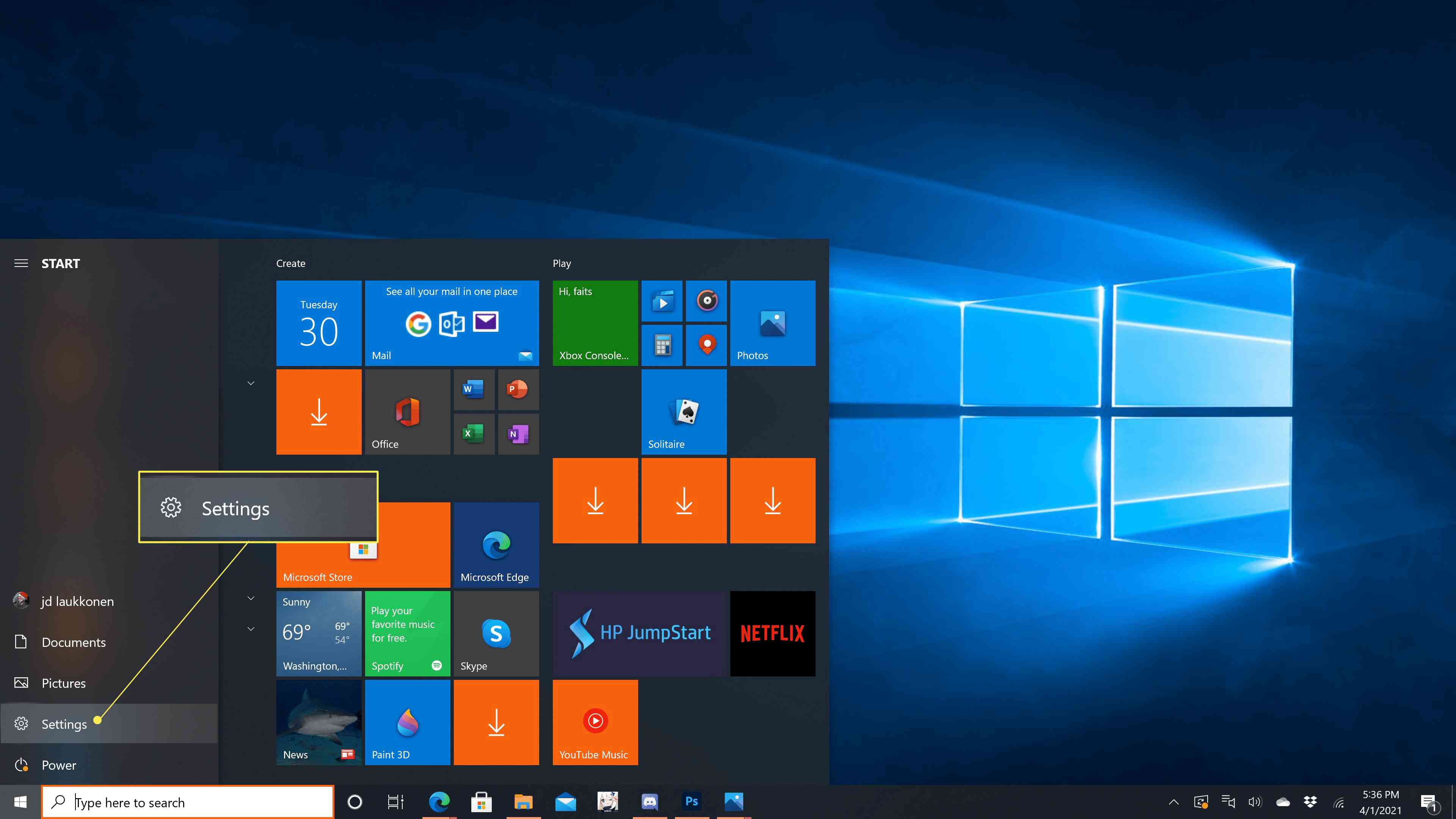 Nastavení zvýrazněná v nabídce Start systému Windows 10.