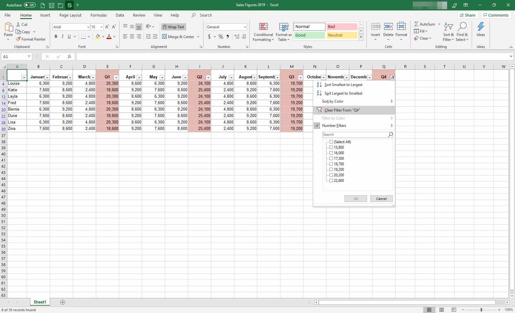 MS Excel se zobrazeným dialogovým oknem filtru