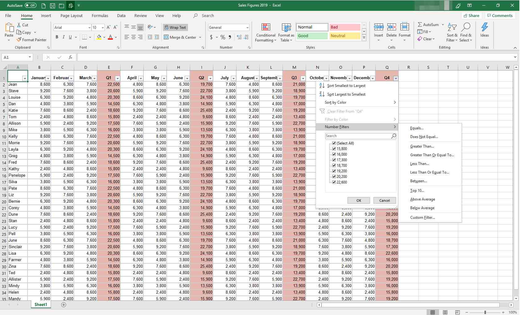 MS Excel se zobrazeným dialogovým oknem filtrů