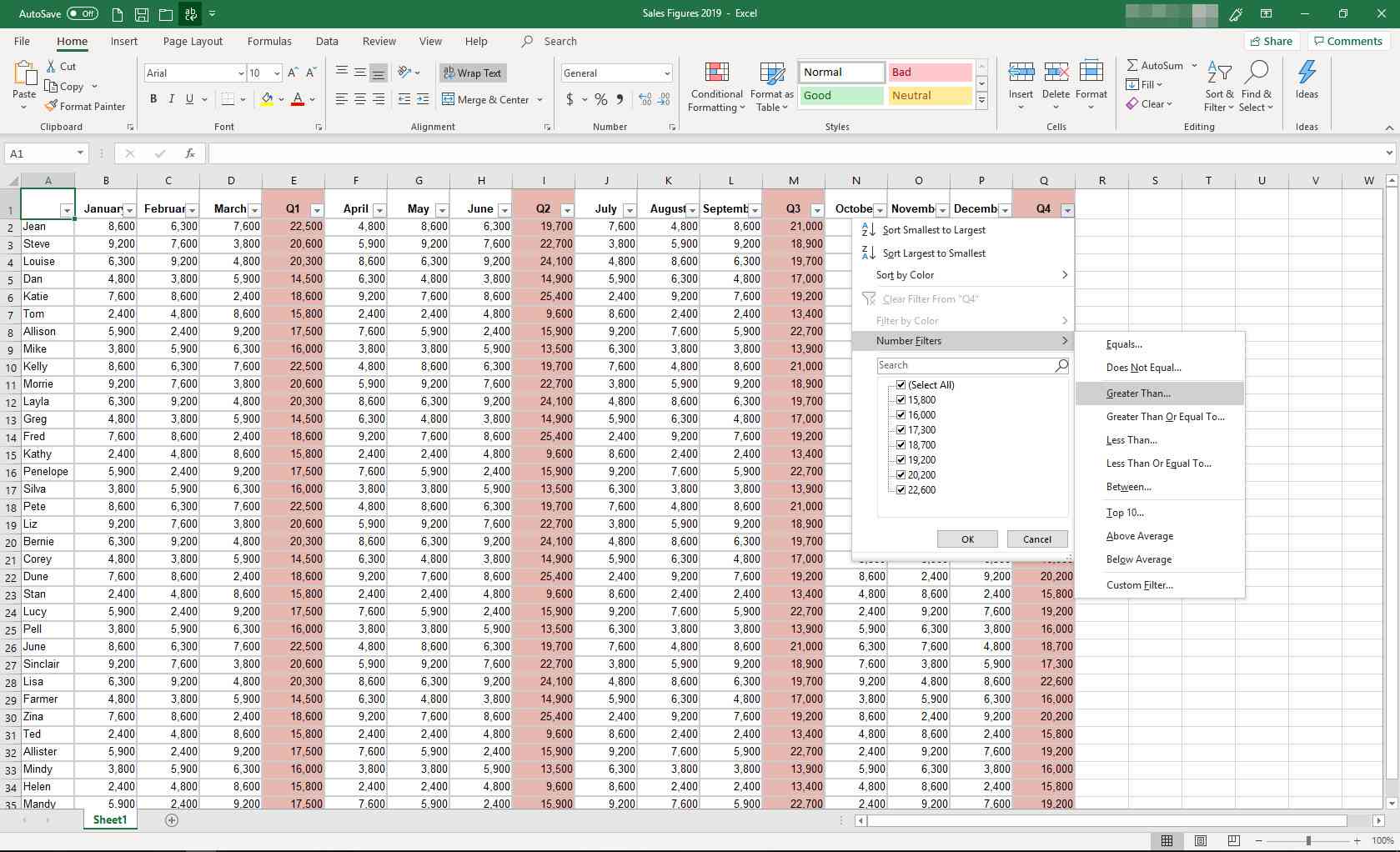 MS Excel se zobrazenou nabídkou filtrování