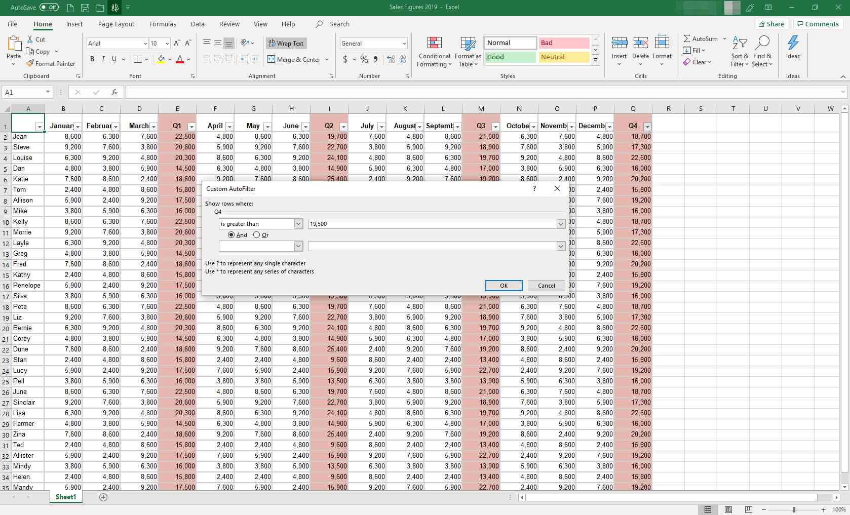 Zobrazí se dialogové okno MS Excel s vlastním automatickým filtrem