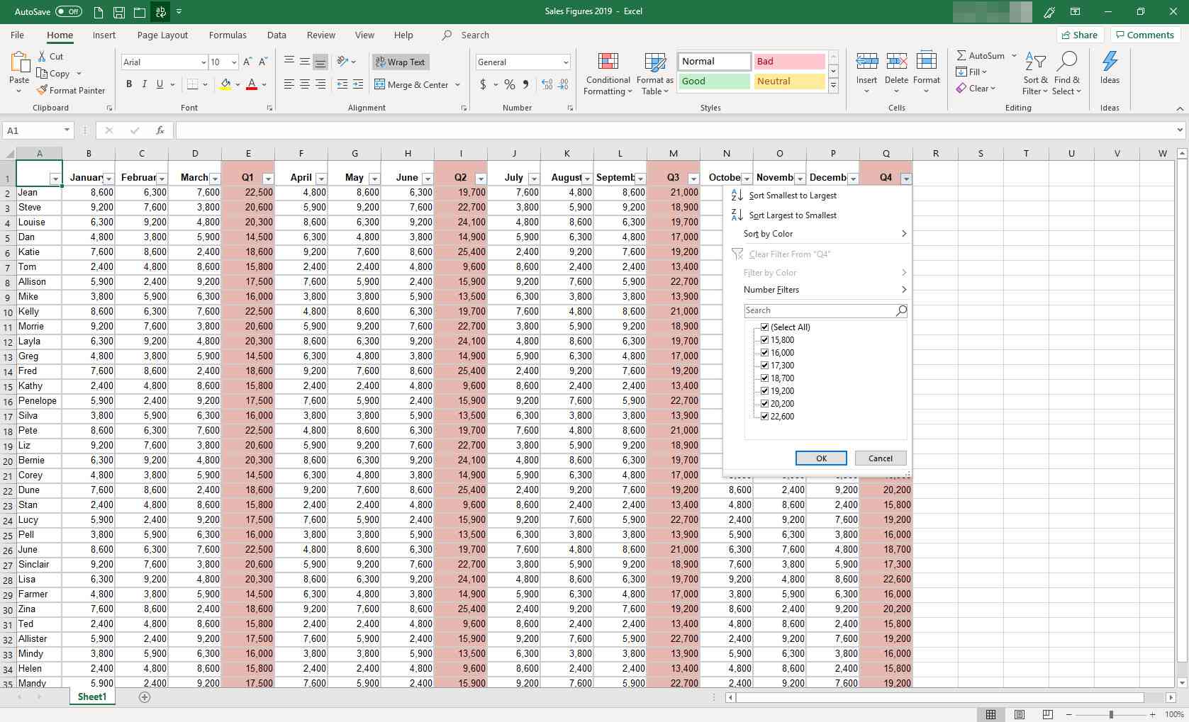 MS Excel se zobrazeným dialogovým oknem filtrování