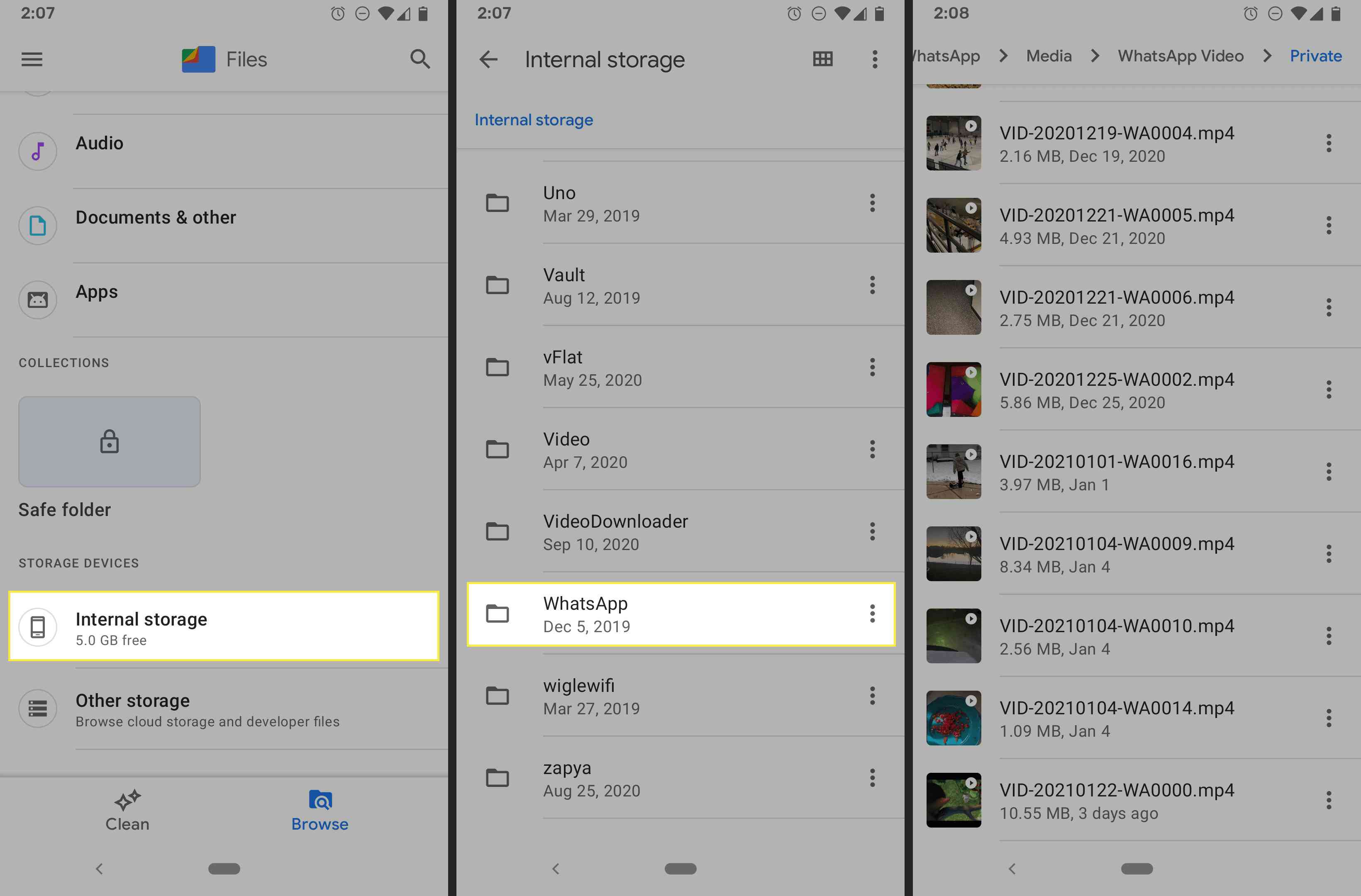 Aplikace Google Files pro Android zobrazující stahování videí WhatsApp.