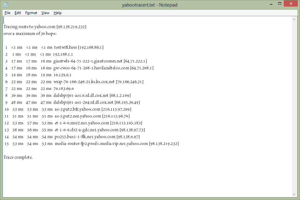 Výsledky příkazu tracert yahoo.com
