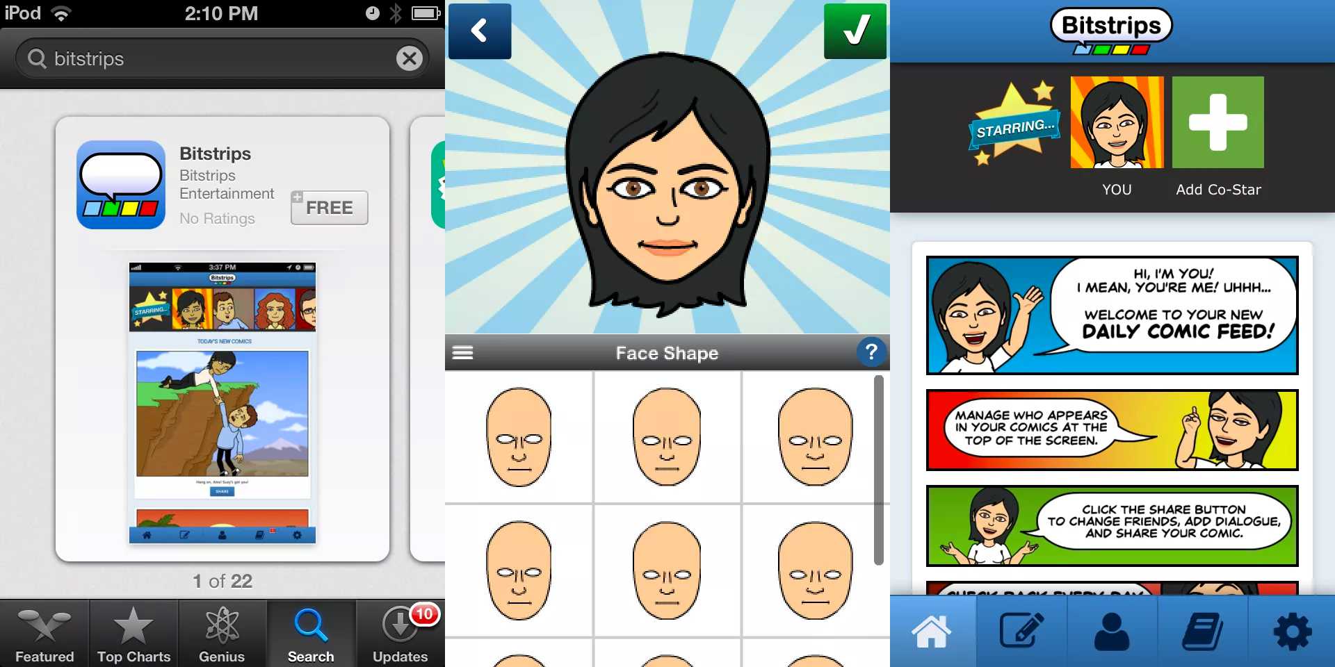 Stahovací obrazovka, obrazovka Tvar obličeje a Domovská obrazovka pro aplikaci Bitstrips v systému iOS