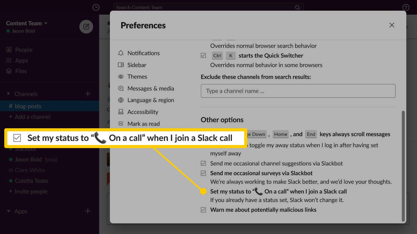 Možnosti Slack Advanced pro nastavení stavu při hovoru