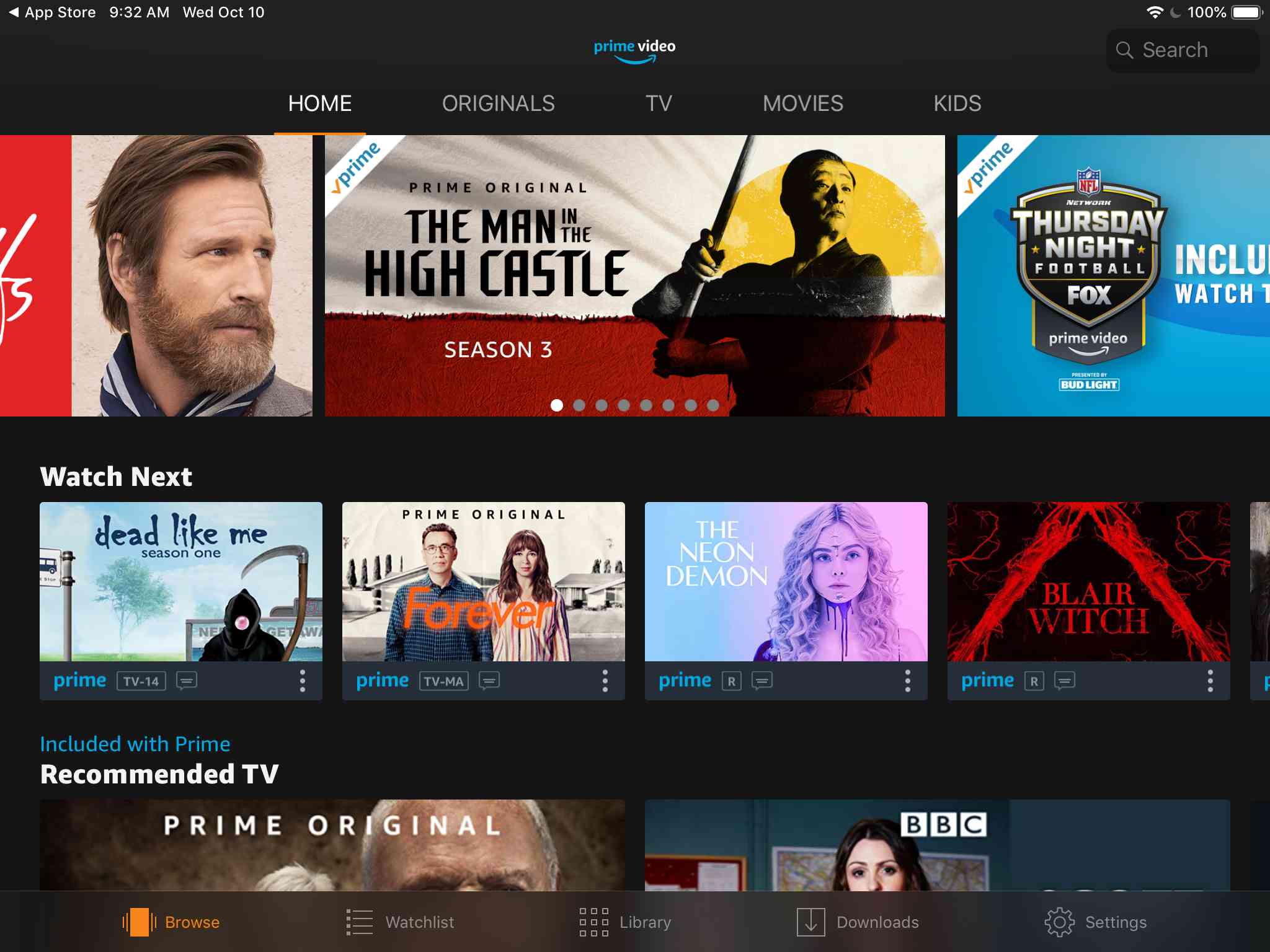Hlavní obrazovka pro Amazon Prime Video na iPadu