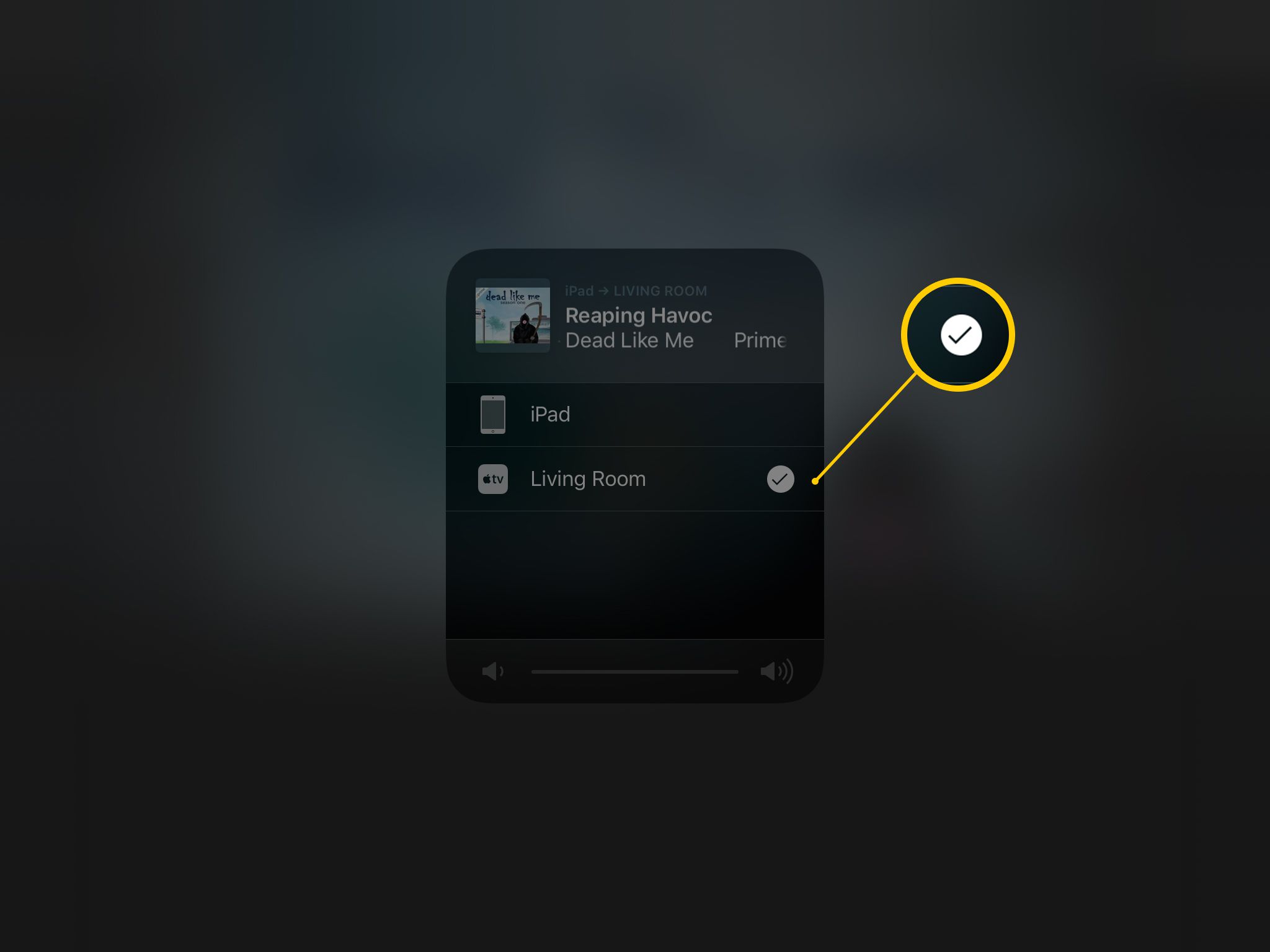 Screenshot aplikace AirPlay chooser na iPadu, zobrazující vybranou obývací místnost Apple TV