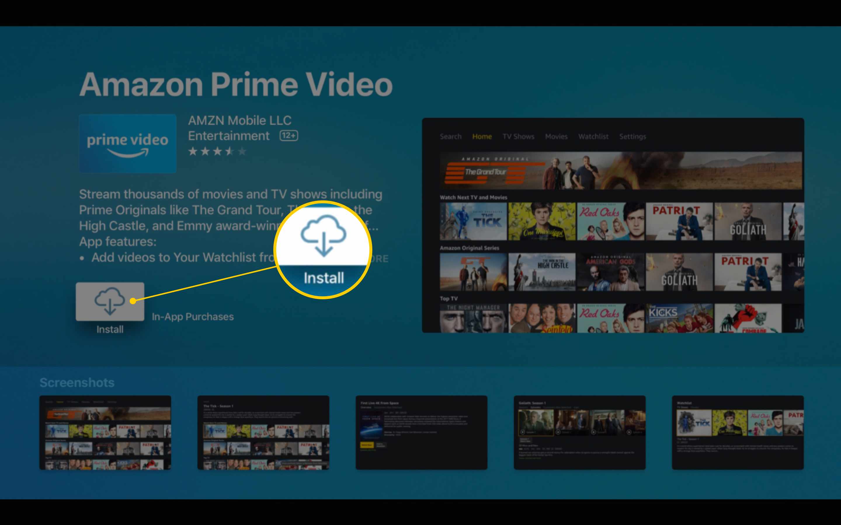 Nainstalujte ikonu na obrazovku s popisem aplikace Amazon Prime Video na Apple TV