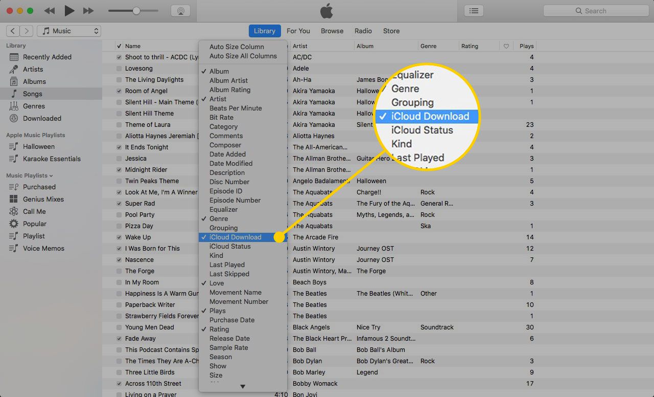 iTunes na Macu se zvýrazněným nastavením nabídky Stažení iCloud