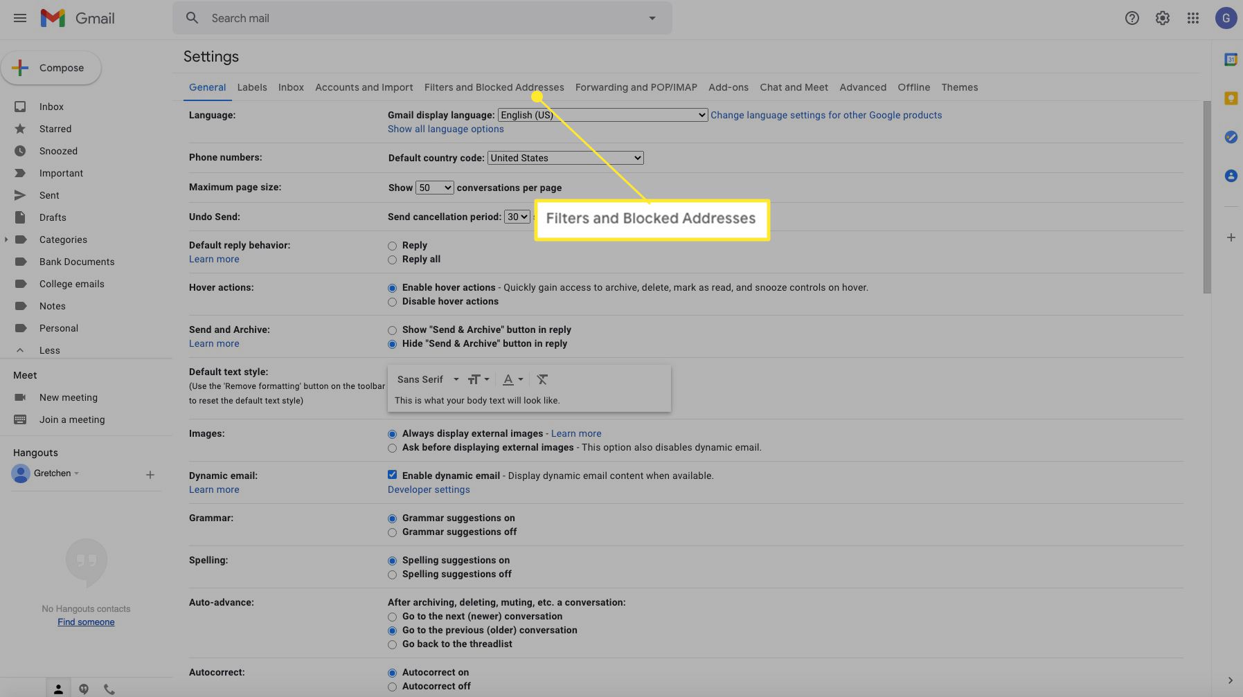 Nastavení Gmailu se zvýrazněným filtrem a blokovanými adresami