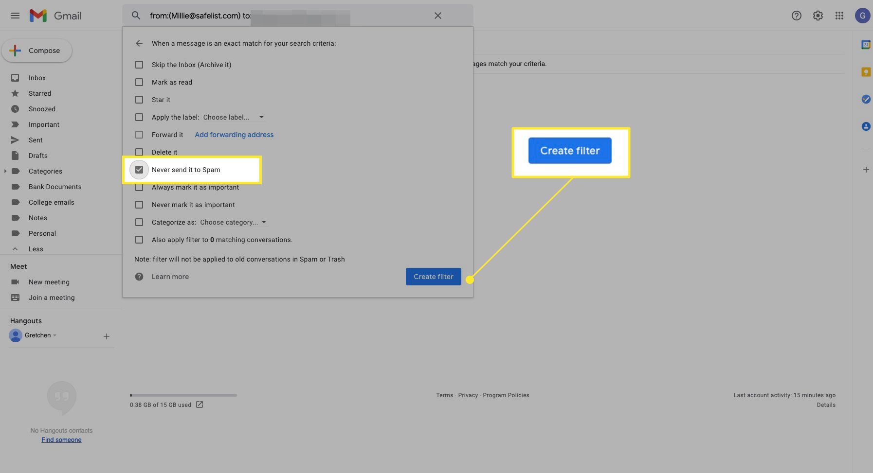 Nastavení filtru Gmailu se zvýrazněním „Nikdy jej neposílat spamu“ a „Vytvořit filtr“