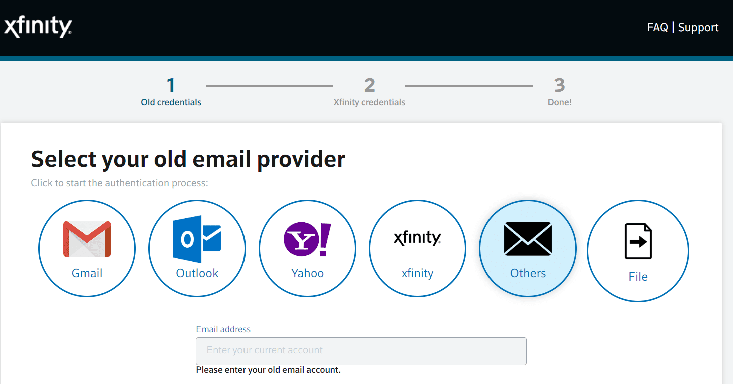 Screenshot funkce importu kontaktů v e-mailu Xfinity