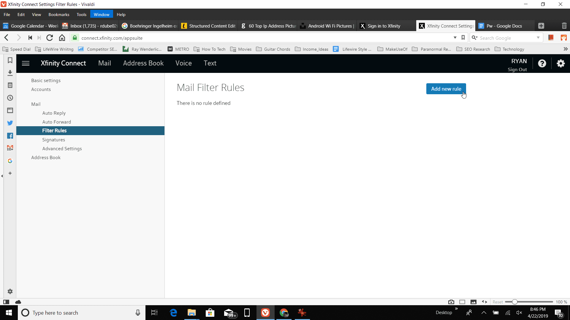 Screenshot přidání nových pravidel do Xfinity Mail
